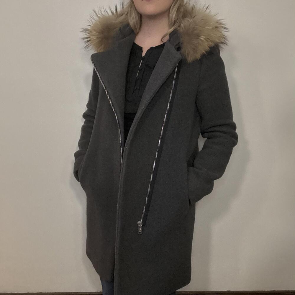 Sandro Paris Grey Wool Coat W Fox Fur Hood